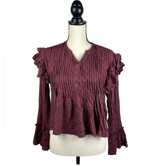 Versona Cropped Blouse SZ S Ruffle Sleeves Maroon with Gold Sparkles - Picture 1 of 11